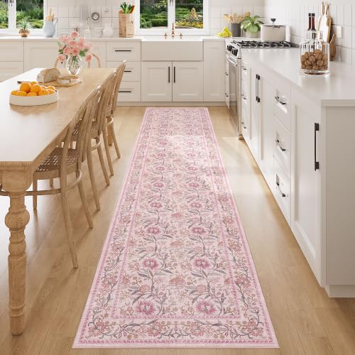 2.6x8 Runner Rug, Washable Vintage Floral Kitchen Runners Rug, Pink