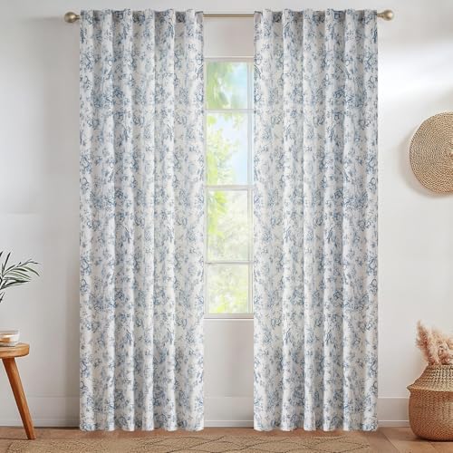 Vangao Linen Floral Curtains for Living Room 84 Inch Length Toile Blue and White Drapes French Country Back Tab Light Filtering Printed Farmhouse Bedroom Rod Pocket Window Treatments 2 Panels