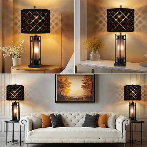 Modern Table Lamp Set of 2, Nightstand Lamps with Black Grid Shade, Bedside Lamps with USB A+C Charging Ports, Decorative Table Lamp, Square Base, Desk Lamps for Living Room, Bedroom, 2 Bulbs Included