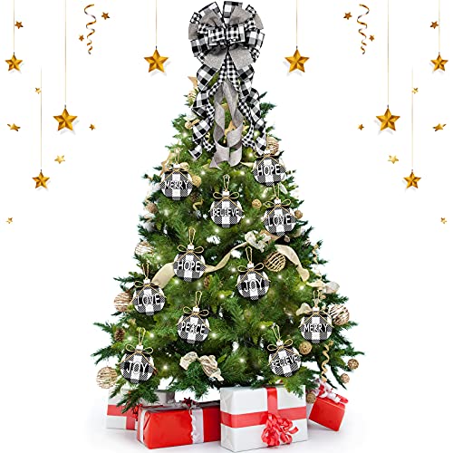 Christmas Bow Tree Topper Large Christmas Tree Topper Buffalo Decorative Bow with 24 Buffalo Wish Tree Ornament for Christmas Tree Decoration(Black and White)