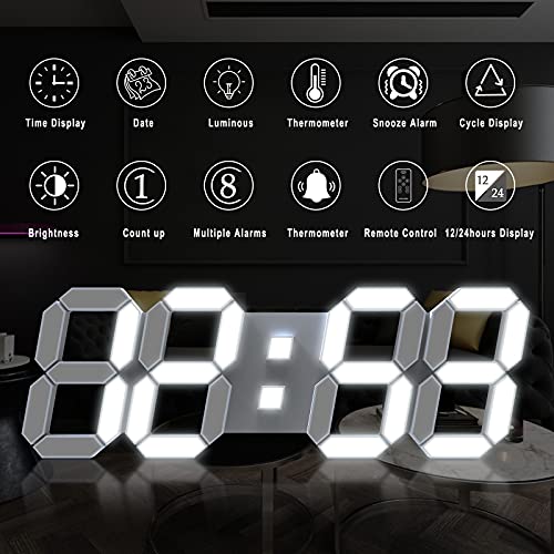 15" 3D LED Digital Wall Clock, Large Decor Wall Clock | 12/24H Time, Date & Temperature Display, Adjustable Brightness for Office, Living Room, Meeting Room & Kitchen