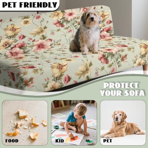 Retro Flower Armless Futon Cover Navajo Southwestern Ethnic Stretch Armless Sofa Slipcover with Elastic Bottom Washable Couch Covers for Sofa Decor