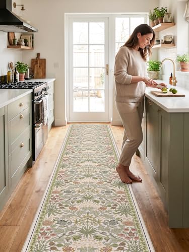 2x10 Floral Runner Rug for Hallways: Non-Slip Machine Washable Long Rugs Boho Soft Rugs for Kitchen,Laundry,Bedroom,Bathroom - Botanical Low Pile Indoor Carpet Runners with Rubber Backing 2x10 Beige