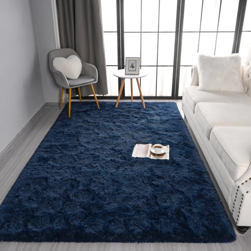 Pettop Fluffy Navy Blue Area Rug for Bedroom Living Room, 3x5 Feet Soft Plush Fuzzy Rugs for Girls Kids Boys, Non-Slip and Washable Rug for Nursery Classroom, Carpet for Rooms Decor