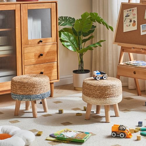 YMYNY Foot Stool,12.6"Round Small Ottoman, Natural Seagrass Hand Weave