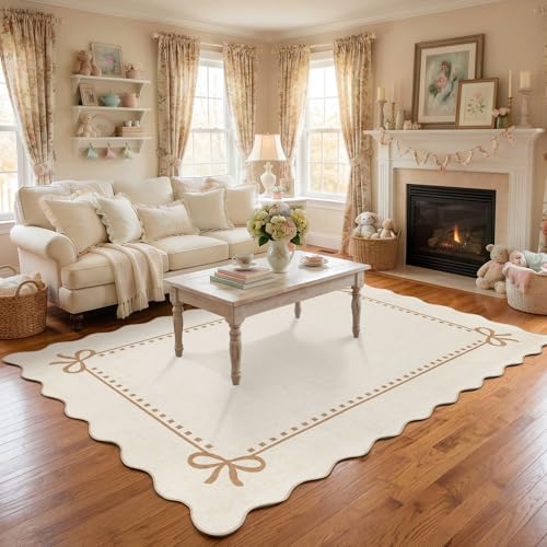 Garvee Scalloped Bow Rug for Living Room Washable Solid Beige 6x9 Area Rugs