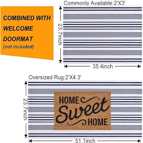 Blue and White Outdoor Rug 24'' x 51''Front Porch Rug Hand-Woven Machine Washable Indoor Layered Door Mats for Entryway/Bedroom