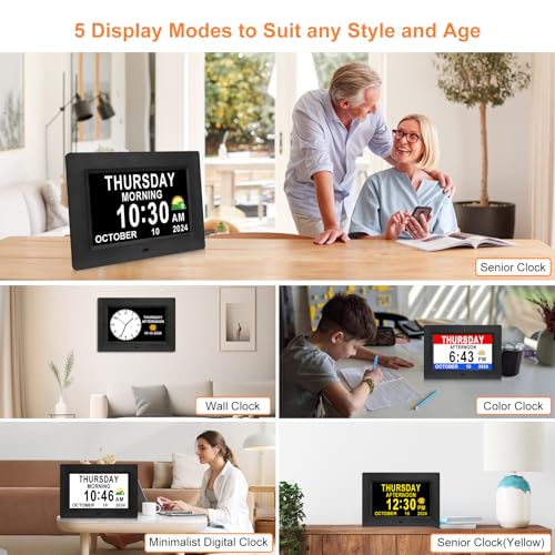 SSINI Digital Calendar Dementia Alarm Clock with Day and Date for Elderly - 15 Alarms 5 Colors Display Large Display Alzheimers Clock Large Digital Clock for Seniors (7in Black)