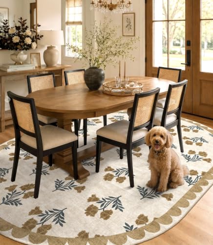 Beige 6x9 Washable Scalloped Oval Rug - Boho Floral Living Room Rug