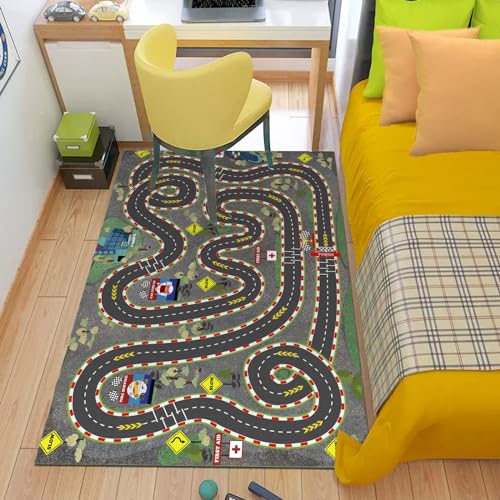 Kids Rug Car Rugs for Kids Toy Cars Play Mat City Life Road Rug for Cars Fun City Map for Carpet for Bedroom Boys (Wilderness Speed, 31 * 47 inches)