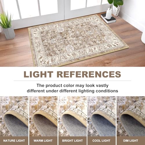 LOKHOM 3x5 Washable Area Rug, Boho Floral Non-Slip Kitchen Area Mat, Beige