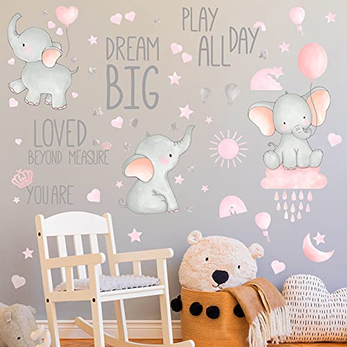 Outus 7 Pcs Dream Big Little One Elephant Nursery Wall Stickers Wall Decor Baby Room Moon Hot Air Balloon Pink Grey Stars Decals for Kids Living Room Bedroom Decorations Home Decor