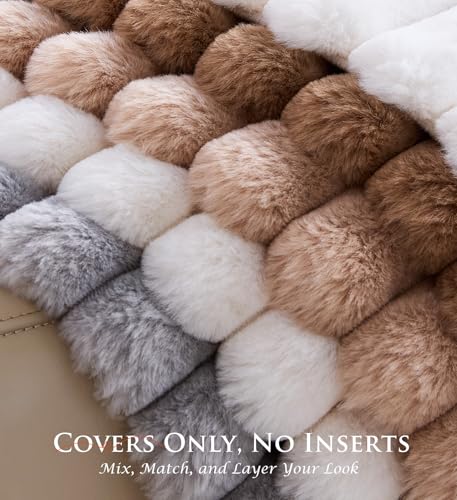 Pack of 2 Throw Pillow Covers 18x18 Decorative Solid Plush Faux Fur with Soft Velvet Back, Square Striped Cushion Cases Modern Farmhouse Home Decor for Living Room Couch Sofa Bed Cream White