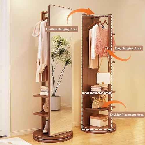 Floor-Standing Solid Wood Rotating Coat Rack，360° Rotating Full Length Mirror, Wood Coat Rack, 2-in-1 Floor Mirrors and Coat Rack, Living Room, Bedroom, Cloakroom Mirror