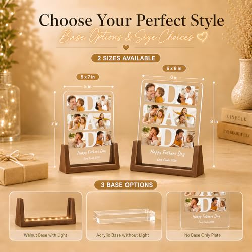 Personalized Fathers Day Gift for Dad, Custom Acrylic Picture Frame Night Light with Walnut Base, Unique Dad Gift from Daughter Son Kids Wife