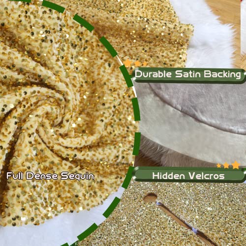 Christmas Tree Skirt 48 inch Shiny Gold Sequin Sparkly with Faux Fur Plush Tree Mat for 5-7FT Large Xmas Tree Christmas Tree Decorations for Holiday Home Decor Party
