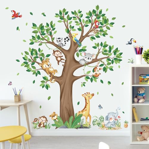 decalmile Large Jungle Animal Tree Wall Decals Giraffe Koala Leopard Safari Wall Stickers Baby Nursery Kids Bedroom Toddler Room Wall Decor