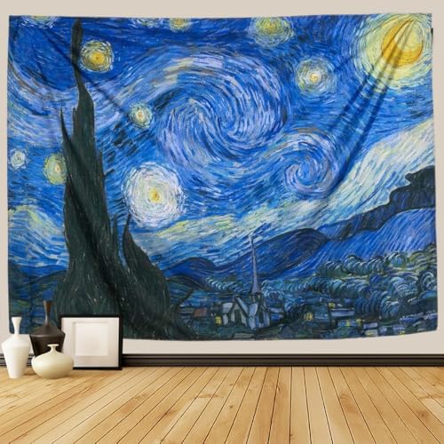 IcosaMro Starry Night Tapestry Wall Hanging, V. Gogh Art Wall Tapestries [60x82.7''][Double-Folded Hems]- Star Blanket Tablecloth for Bedroom, Dorm, College, Living Room, Blue