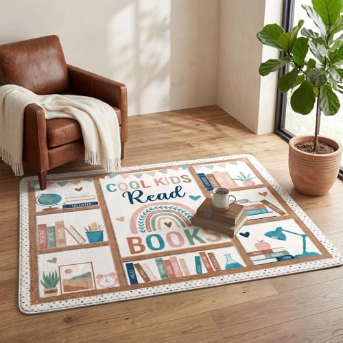 3.3 x 3.9 ft Boho Classroom Rug Library Reading Rug Calming Corner Mat Bookshelf Mental Health Area Washable Non Slip Soft Fluffy Carpet for School Bedroom Living Room Playroom