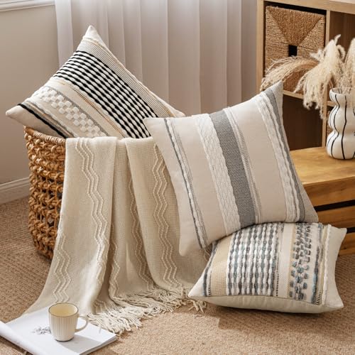 Boho Decorative Pillow Covers Gray Blue Stripe 20x20 Inch Pack of 2