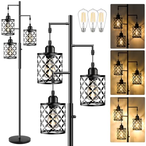 Dimmable Floor Lamp, Farmhouse Standing Lamp with Elegant Metal Cage, Industrial Tall Tree Floor Lamps for Living Room Bedroom Study Room Office, 3 x 800LM LED Bulbs Included - 68", Black
