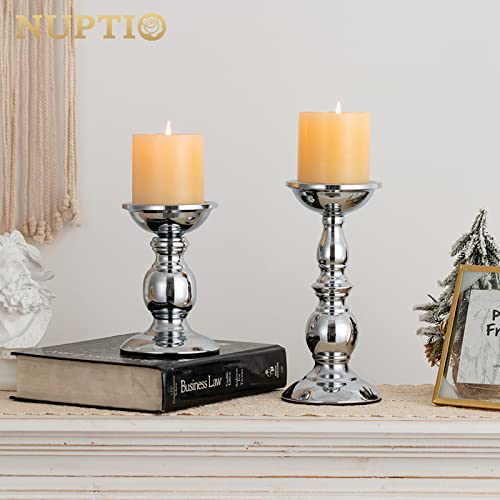 Nuptio Pillar Candle Holders Metal Candle Holder Ideal for 3 inches Candles, Silver Candle Holder for Living Room, Gardens, Spa, Aromatherapy, Incense Cones, Wedding, Party, 2 Pcs