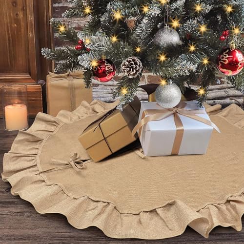 yuboo 24 Inch Burlap Tree Skirt, Small Tree Skirt for 2-3 Ft Tabletop Trees, Rustic Mini Christmas Tree Skirt with Ruffle Edge, Farmhouse Holiday Decor