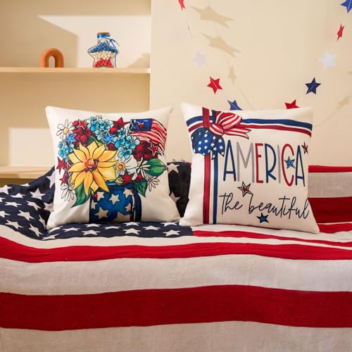 Hongsome 4th of July Decor-Throw Pillow Covers 18x18in Set of 4,Patriotic Linen Pillow Case for Independence Day,Memorial Day,Veteran's Day,USA,American Summer Outdoor Red White Blue Decorations