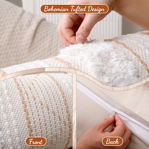 Bundle - 2 Piece 14x36 Lumbar Pillow Set: Boho Tufted Tassel Pillow Cover (Cream Beige) + Premium Memory Foam Throw Pillow Insert (White) for Bed, Couch, Sofa, Modern Farmhouse Decor