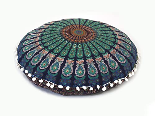 CRAFT KALA Large Hippie Floor Pillow Cover Mandala Meditation Cushion Case Pouf Cover Round Poufs Cover Bohemian Floor Cushion Cover Outdoor Fireplace Yoga Living Room Decor 32" Blue Mirchi