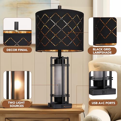 Modern Table Lamp Set of 2, Nightstand Lamps with Black Grid Shade, Bedside Lamps with USB A+C Charging Ports, Decorative Table Lamp, Square Base, Desk Lamps for Living Room, Bedroom, 2 Bulbs Included