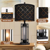 Modern Table Lamp Set of 2, Nightstand Lamps with Black Grid Shade, Bedside Lamps with USB A+C Charging Ports, Decorative Table Lamp, Square Base, Desk Lamps for Living Room, Bedroom, 2 Bulbs Included