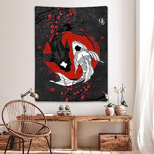 Sanzugh Japanese Yin Yang Koi Fish Tapestry, Cool Red and Black Anime Sakura Art Tapestries Vertical Wall Hanging for Men Bedroom Living Room Office Decor 40X60, Asian Cherry Blossoms Posters