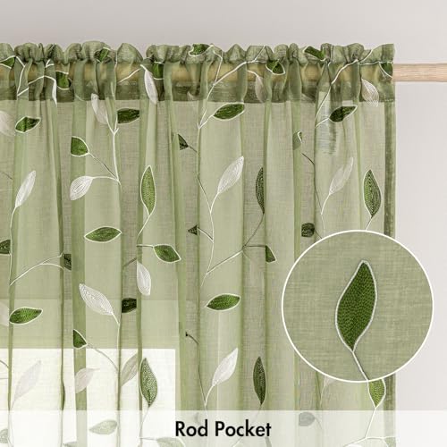 MIULEE Sage Green Sheer Curtains 2 Panels Embroidered Leaf Patterned Rod Pocket Floral Semi Sheer Faux Linen Window Curtains Drapes Set for Living Room Bedroom Dining Room, 52x84 Inches Long