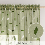 MIULEE Sage Green Sheer Curtains 2 Panels Embroidered Leaf Patterned Rod Pocket Floral Semi Sheer Faux Linen Window Curtains Drapes Set for Living Room Bedroom Dining Room, 52x84 Inches Long