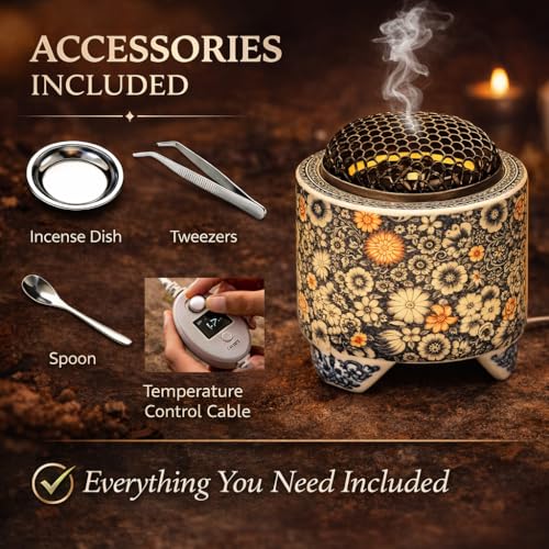 Ceramic Holder Electric Incense Burner Blue & White Porcelain Built-in LED Lights Simulate Flames, Classical, Elegant and High-end Top Hollow Design