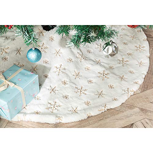 Plush Christmas Tree Skirts, 36 inches Luxury Snowy White Faux Fur Xmas Tree Base Cover Mat with Gold Snowflakes for Xmas New Year Home Party Decorations (36 inches, Gold)