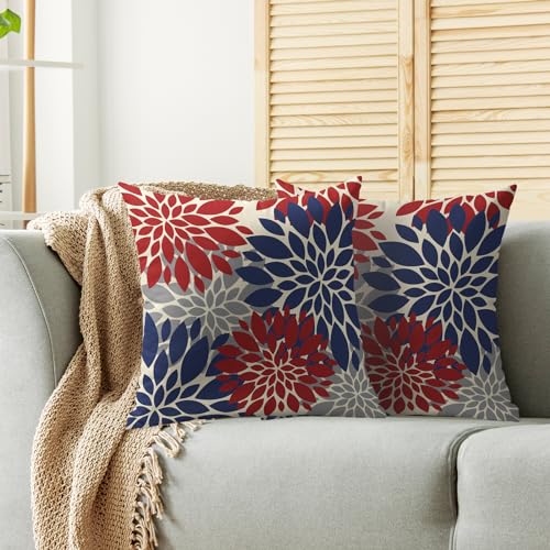 4th of July Pillow Covers 18X18 Inch Set of 2, Patriotic Blue Red Grey Modern Dahlia Floral Print Holiday Decorative Throw Pillow Covers Outdoor Farmhouse Cushion Case for Couch Sofa Bed Decor