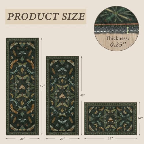 JTJ Washable Kitchen Rugs Set of 3, Dark Green Vintage Insect Kitchen Mats