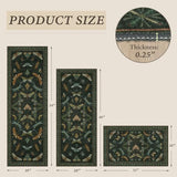 JTJ Washable Kitchen Rugs Set of 3, Dark Green Vintage Insect Kitchen Mats
