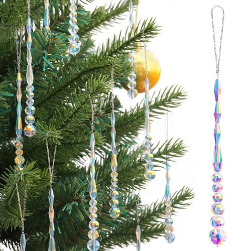 12pcs Crystal Icicle Christmas Tree Ornaments, Glass Beads Hanging Chandelier Pendants for Christmas Party Wedding Winter Decorations (Crystal AB)