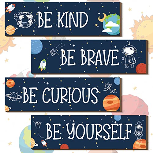 Yookeer 4 Pcs Space Room Decor for Kids Teen Boys Inspirational Outer Space Wall Art Decor Motivational Hanging Galaxy Wood Plaque Sign for Back to School Playroom Nursery Classroom Dorm(Blue)