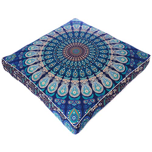 Mandala Floor Pillow Cover Meditation Cushion Seating Throw Hippie Round Colorful Decorative Bohemian Indian Pouf Ottoman Handmade Cover ONLY (Dark Blue-1, 35" x 35")