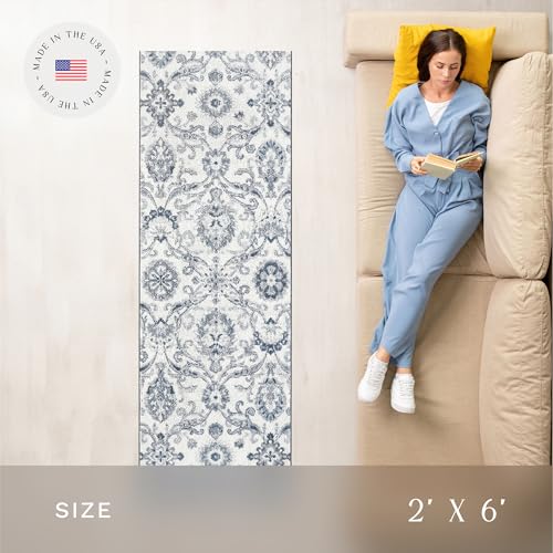 Maples Rugs Blooming Damask Runner Rug - Made in USA – Washable, Non Slip Indoor Carpet for Hallway, Kitchen, and Laundry Room, 2' x 6', Grey/Blue