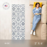 Maples Rugs Blooming Damask Runner Rug - Made in USA – Washable, Non Slip Indoor Carpet for Hallway, Kitchen, and Laundry Room, 2' x 6', Grey/Blue