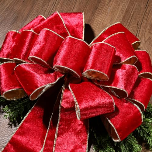 LaRibbons Large Red Velvet Christmas Tree Topper Bow, 13"x51" Holiday Ribbon Tree Topper, Classic Christmas Tree Decoration with Gold Trim, Xmas Indoor Outdoor Ornament