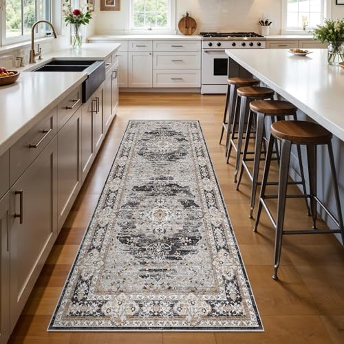 3x8 Washable Hallway Runner Rug - Non-Slip Vintage Kitchen Rugs Black Gray