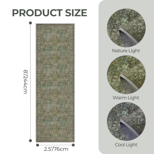 Washable 2'6" x 8' Runner Rug, Floral Green Rug Runner, Dark Green