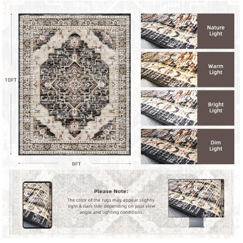 8x10 Washable Area Rug for Living Room, Black Rusty Red
