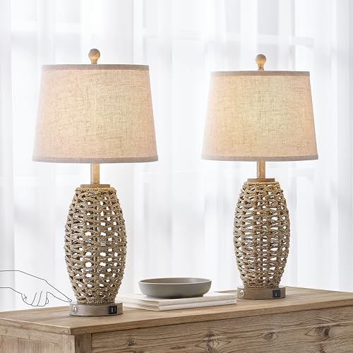27” Natural Rattan Table Lamps Set of 2,Touch Switch,3-Way Dimmable Bedside Lamps, with A+C USB Charging Ports,Oatmeal Lampshade,Farmhouse Table Lamp for Bedroom, Living Room(2 Bulbs Included)